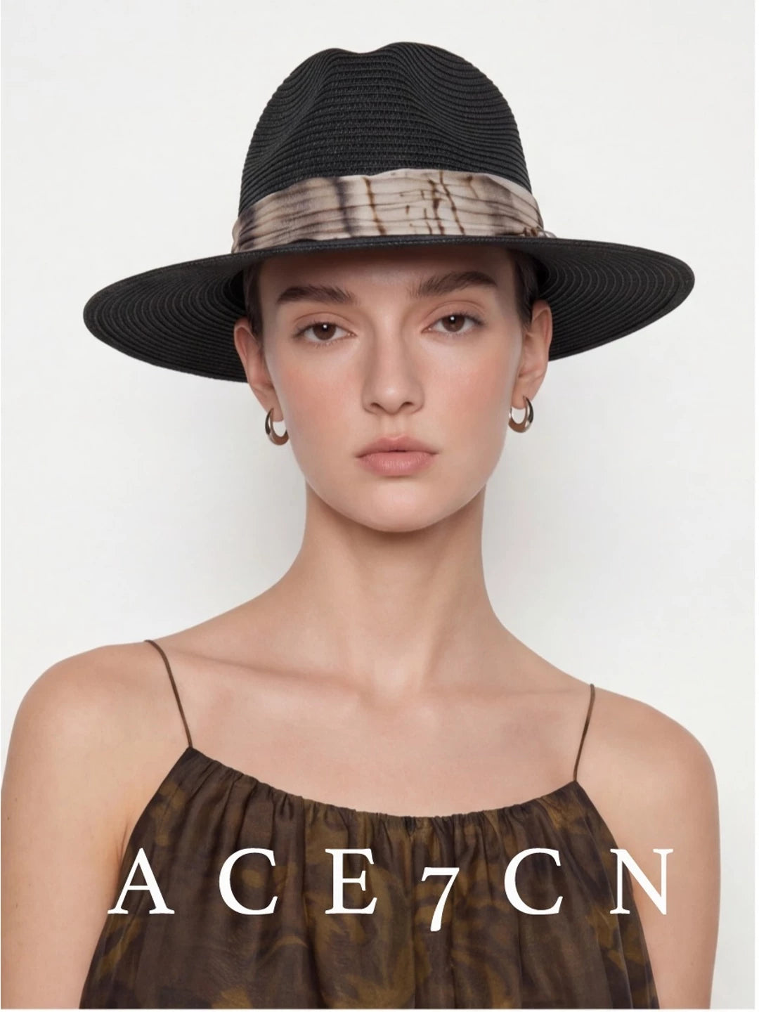 Vintage Western Ink-Wash Ribbon Fedora Woven Straw