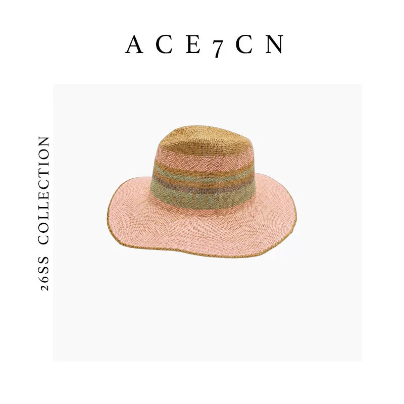 Nordic Colorful Straw-Woven Fedora French Striped Color-Block