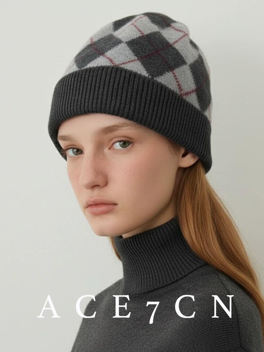 100 cashmere Nordic Argyle Cashmere Hat Autumn-Winter
