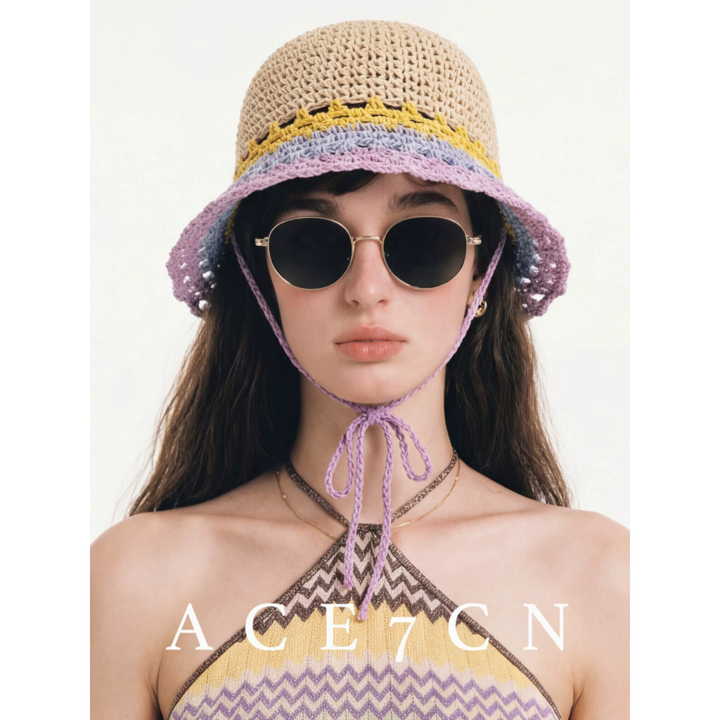Nordic Hand-Crochet Color-Block Bucket Hat Openwork Breathable
