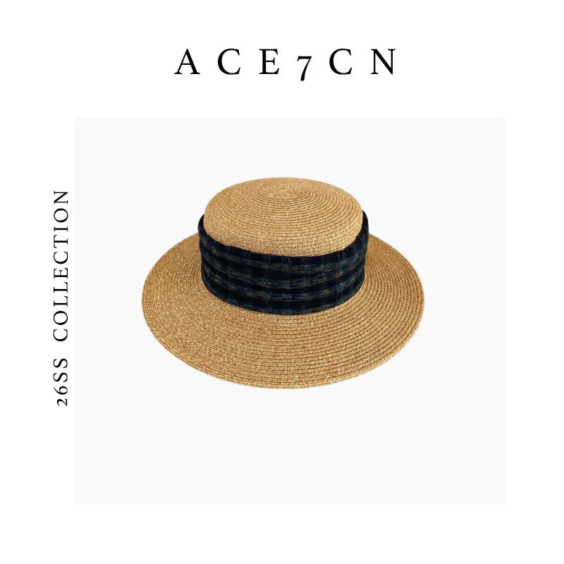 Korean Plaid Straw Hat British Vintage Resort