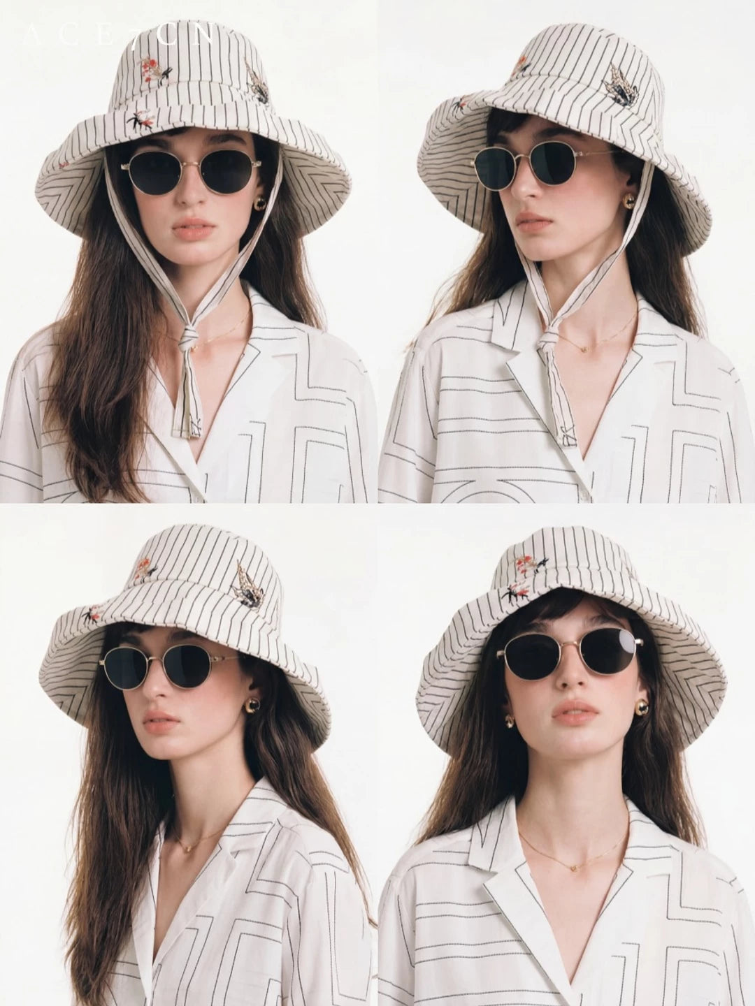 Light-French Wide-Brim Striped Bucket Hat Embellished Embroidered
