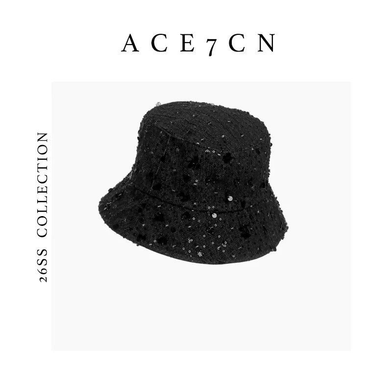 Denim Vintage Bucket Hat Embellished Subtle-Glitter Sequin