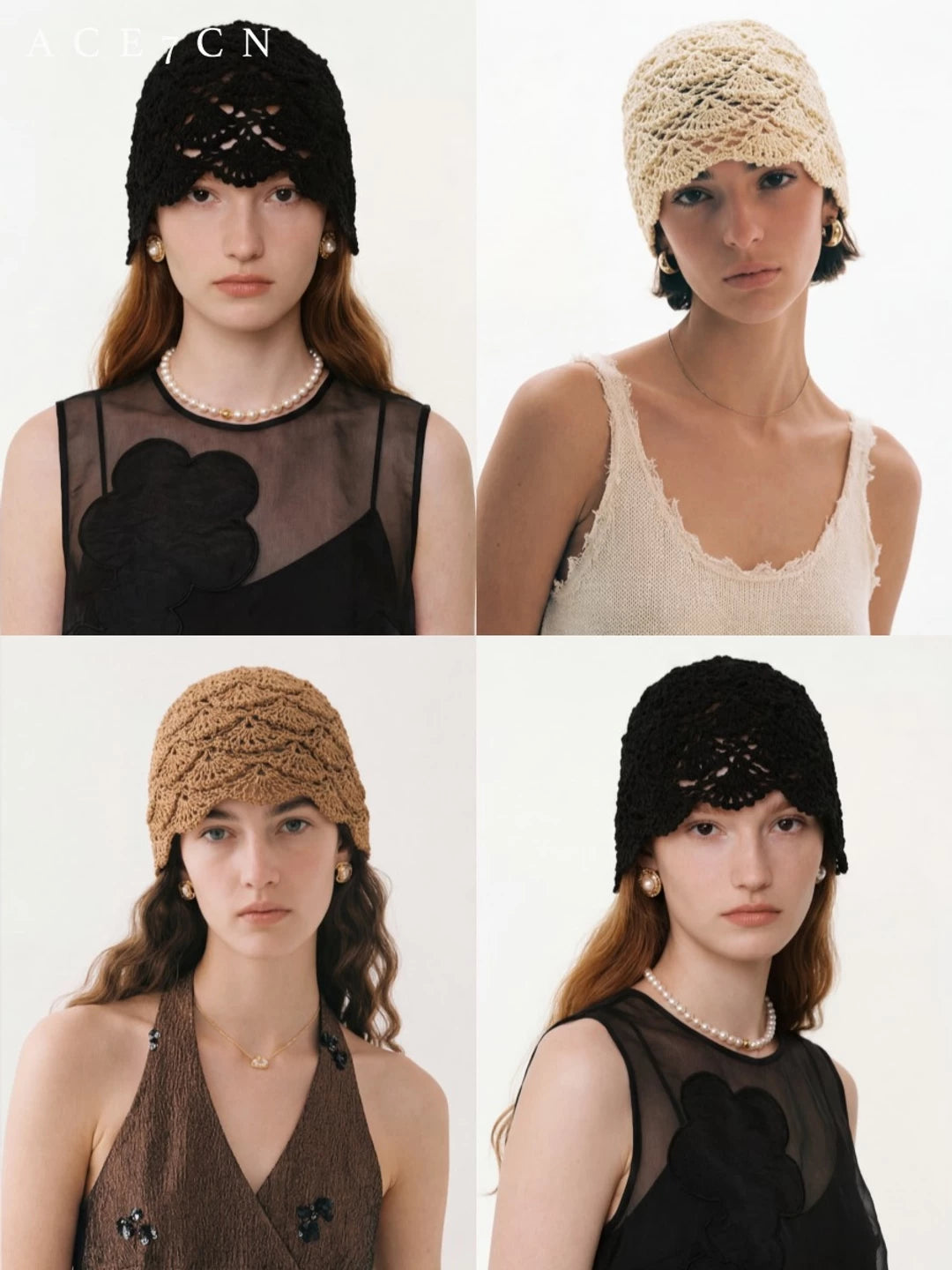 South-France Resort Hand-Crochet Openwork Knit Beanie Headwrap