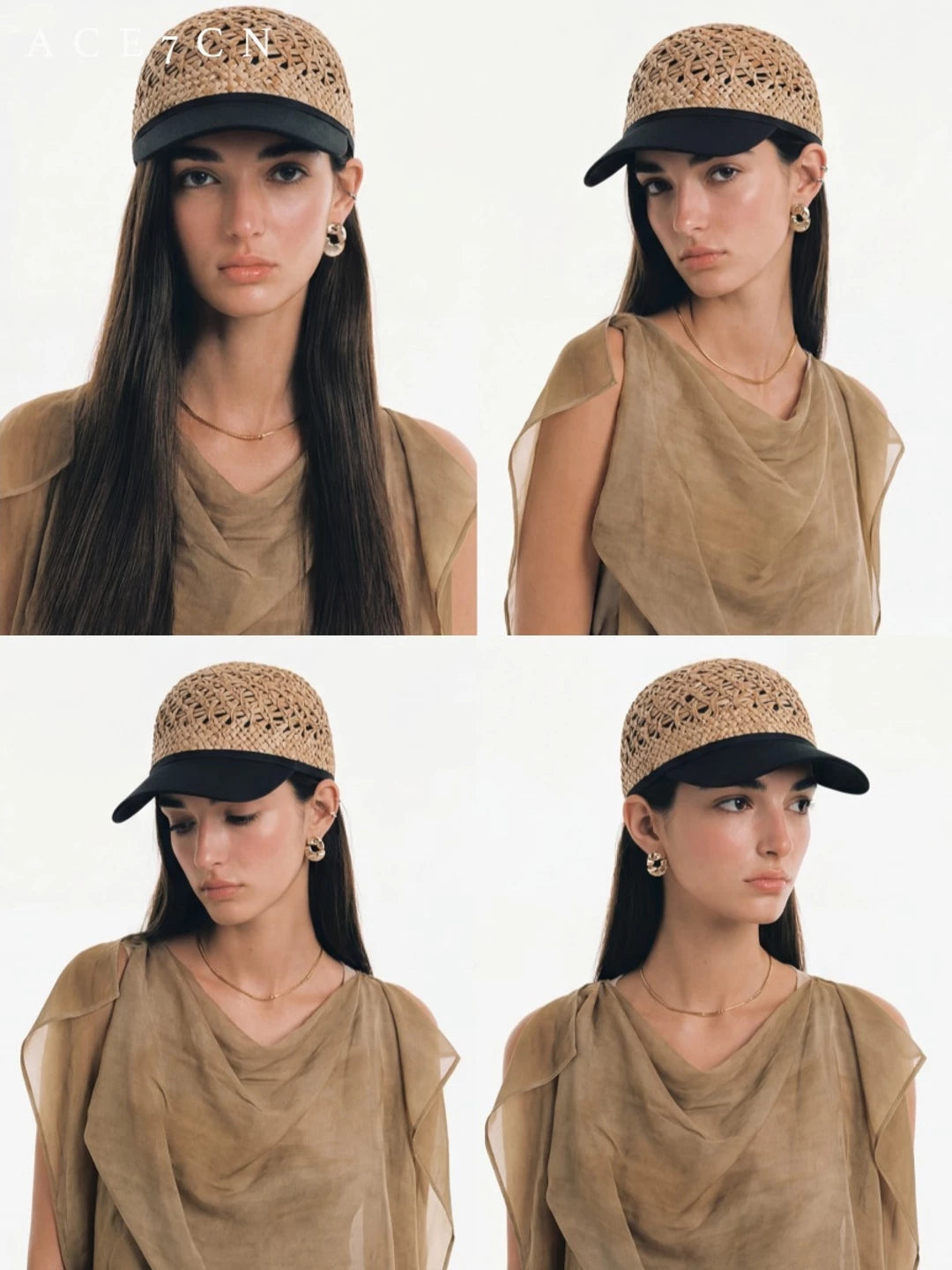 Designer Natural-Straw Openwork Woven Riding Hat Straw-Woven