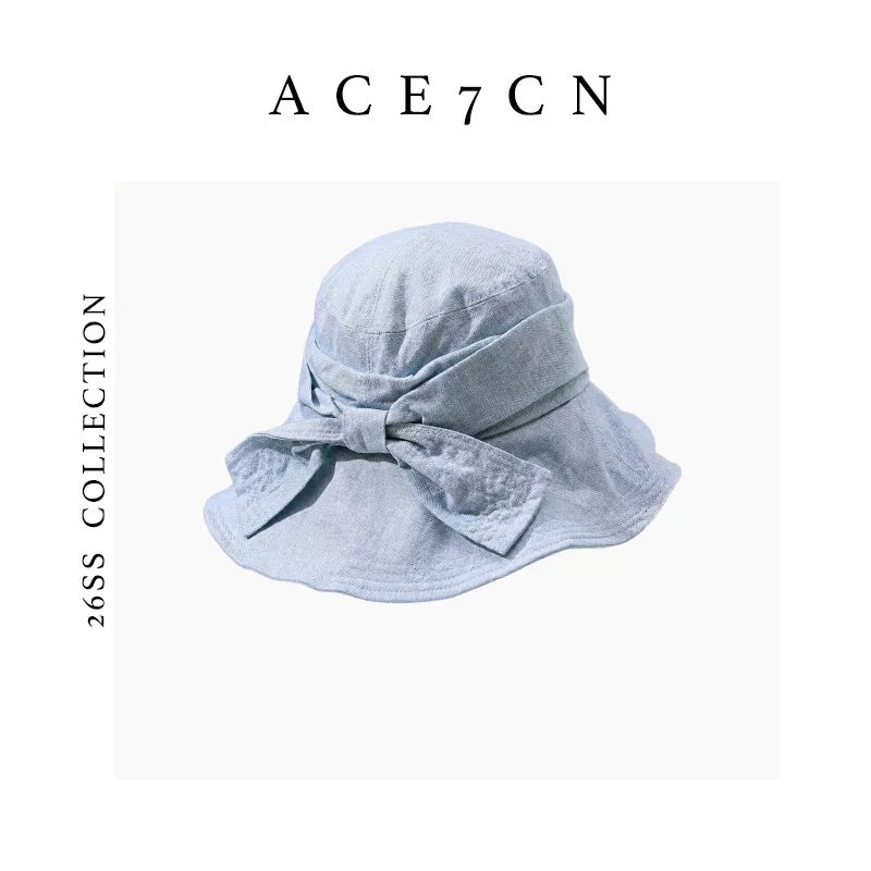 Designer Linen Bucket Hat Bow Wide-Brim Bucket