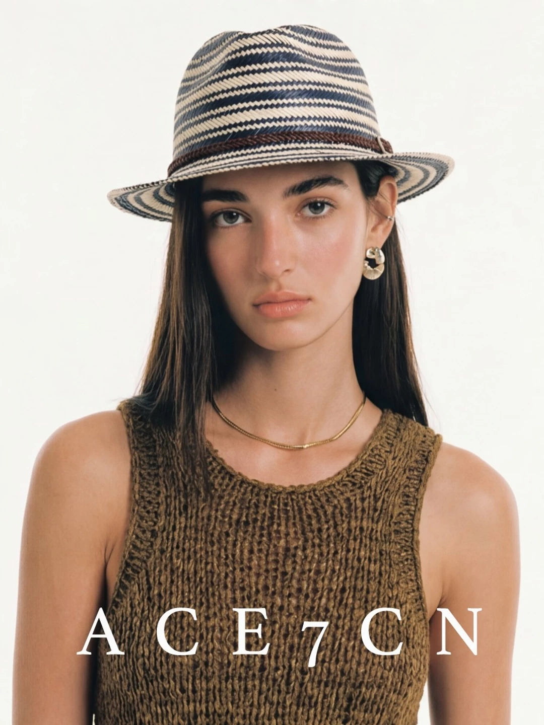 British Vintage Blue-White Striped Straw Hat Resort