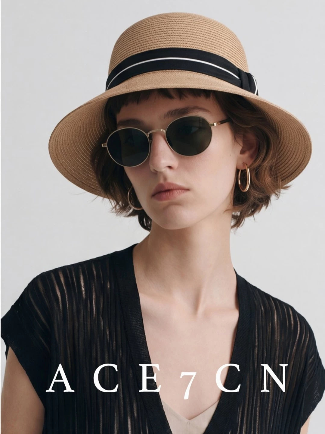 Hepburn-Style Bucket Hat Ribbon Wide-Brim Straw Hat