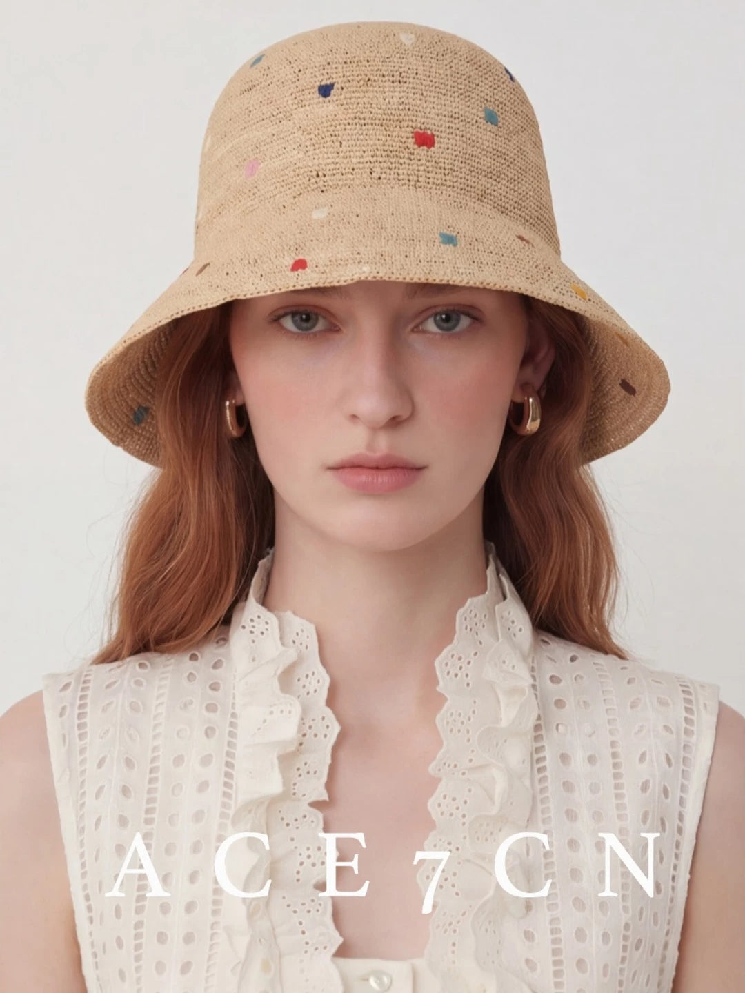 Nepalese Embroidered Multi-Dot Raffia Bucket Hat Foldable