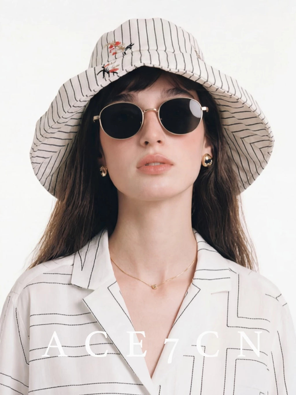 Light-French Wide-Brim Striped Bucket Hat Embellished Embroidered