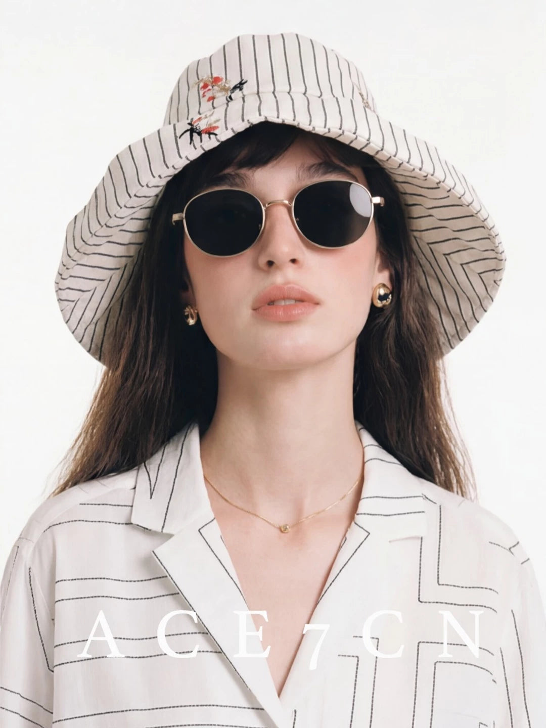Light-French Wide-Brim Striped Bucket Hat Embellished Embroidered