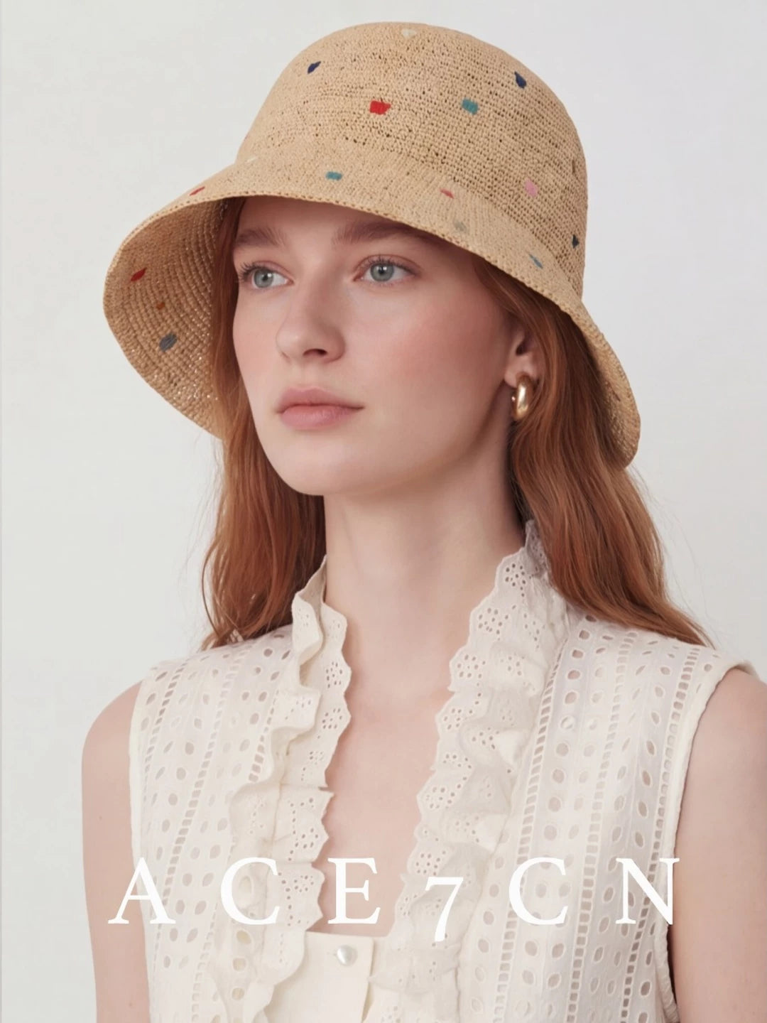 Nepalese Embroidered Multi-Dot Raffia Bucket Hat Foldable