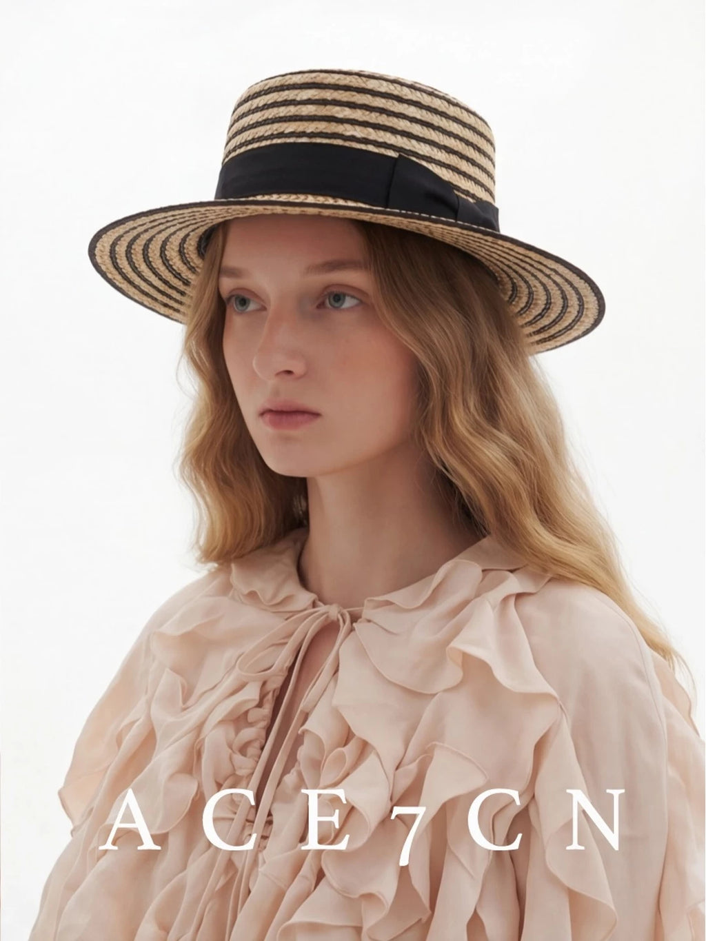 Korean Natural-Straw Wheat-Straw Straw Hat Striped Dress