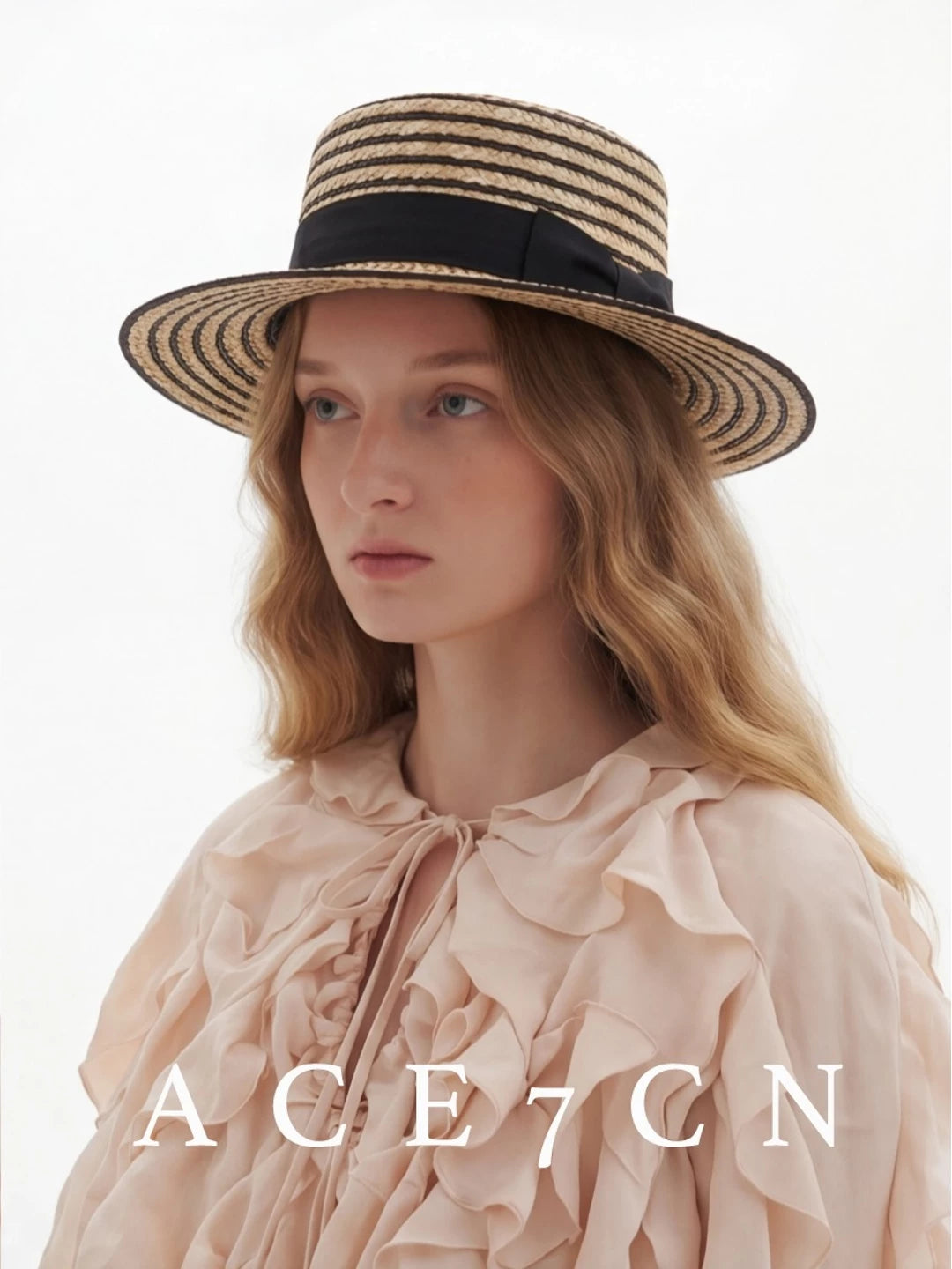 Korean Natural-Straw Wheat-Straw Straw Hat Striped Dress