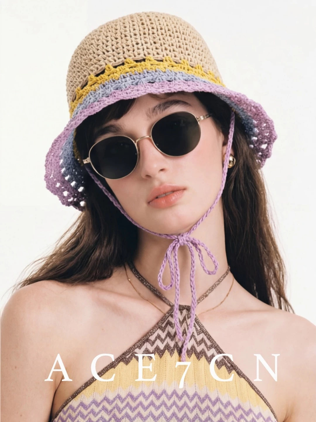Nordic Hand-Crochet Color-Block Bucket Hat Openwork Breathable