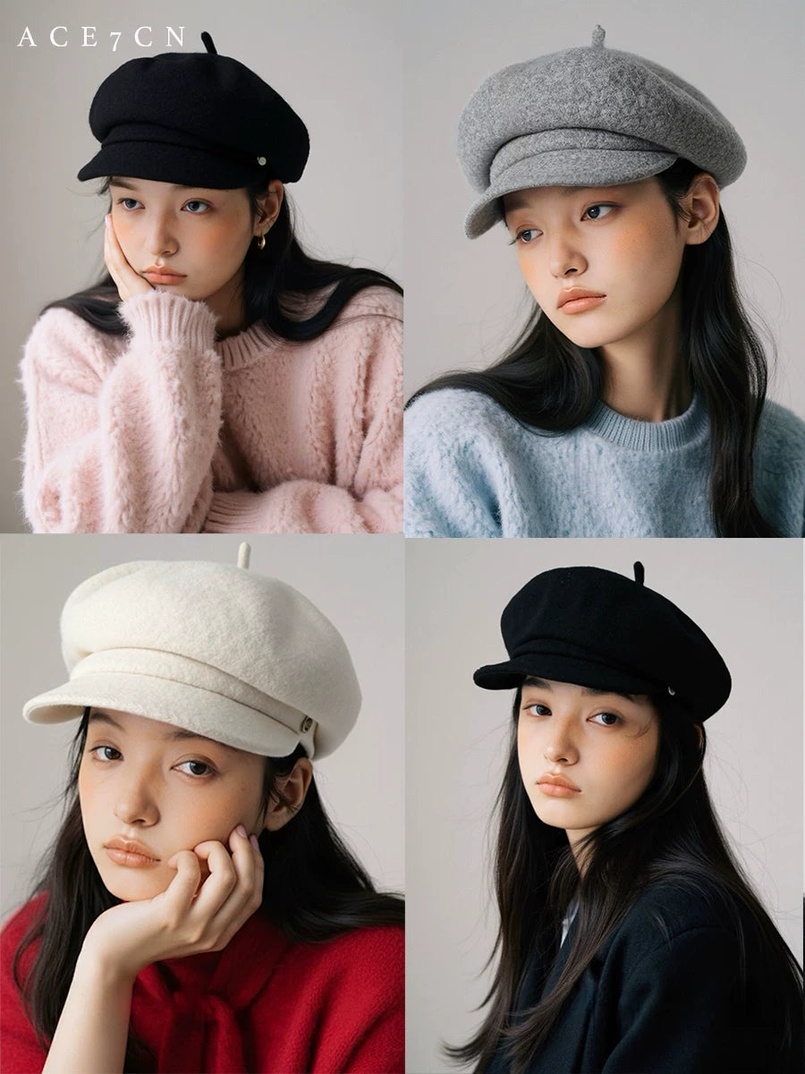 British Vintage Wool-Felt Newsboy Cap Women Autumn-Winter