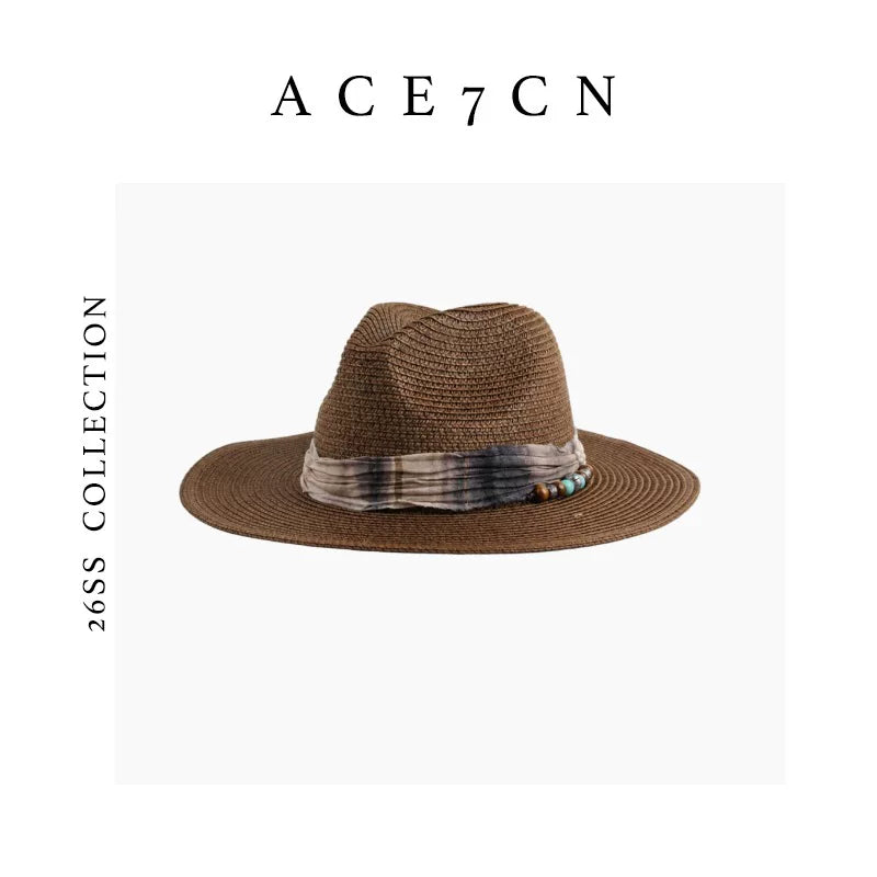 Vintage Western Ink-Wash Ribbon Fedora Woven Straw