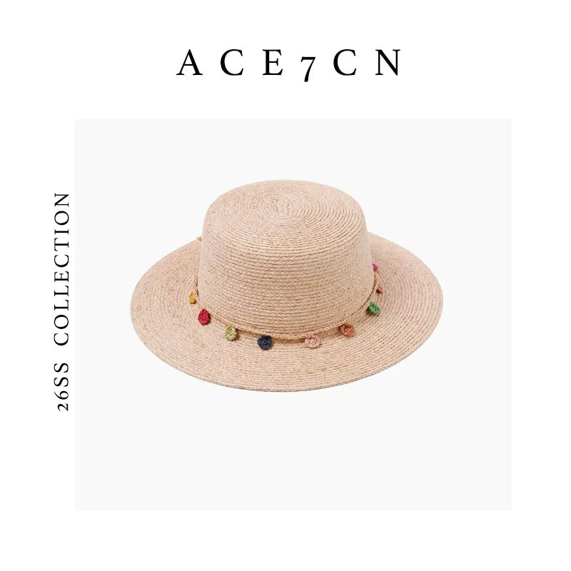 South-France Resort Raffia Dress Hat Colorful Pom