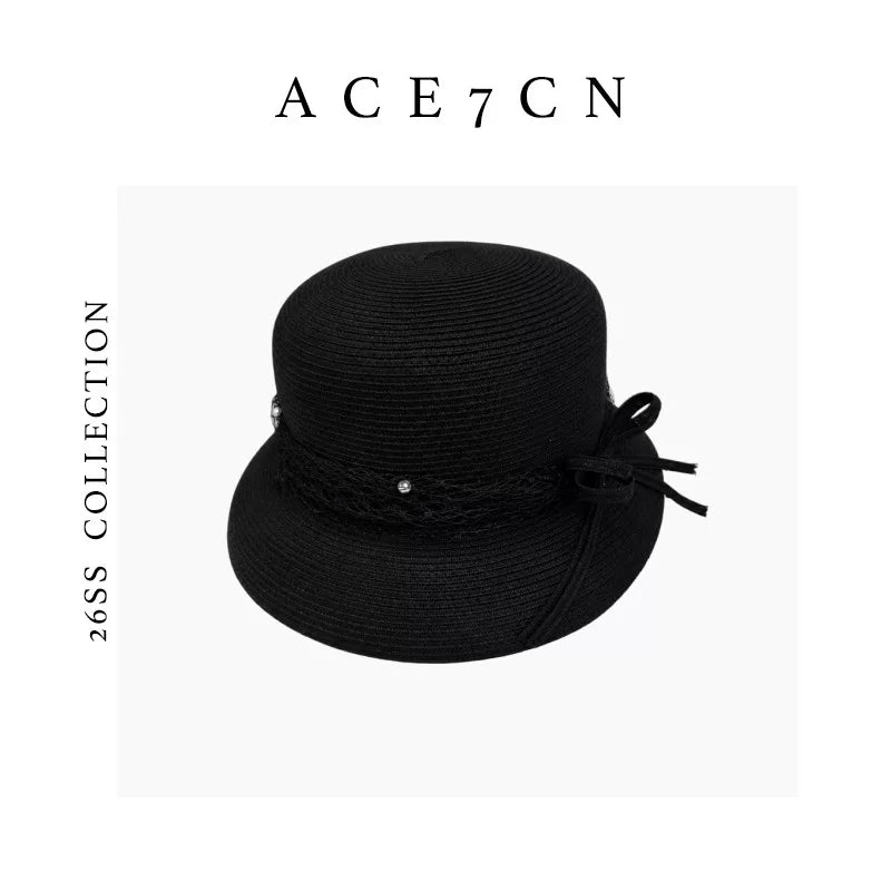 Japanese Niche Straw-Woven Cloche Hat Bow Bucket