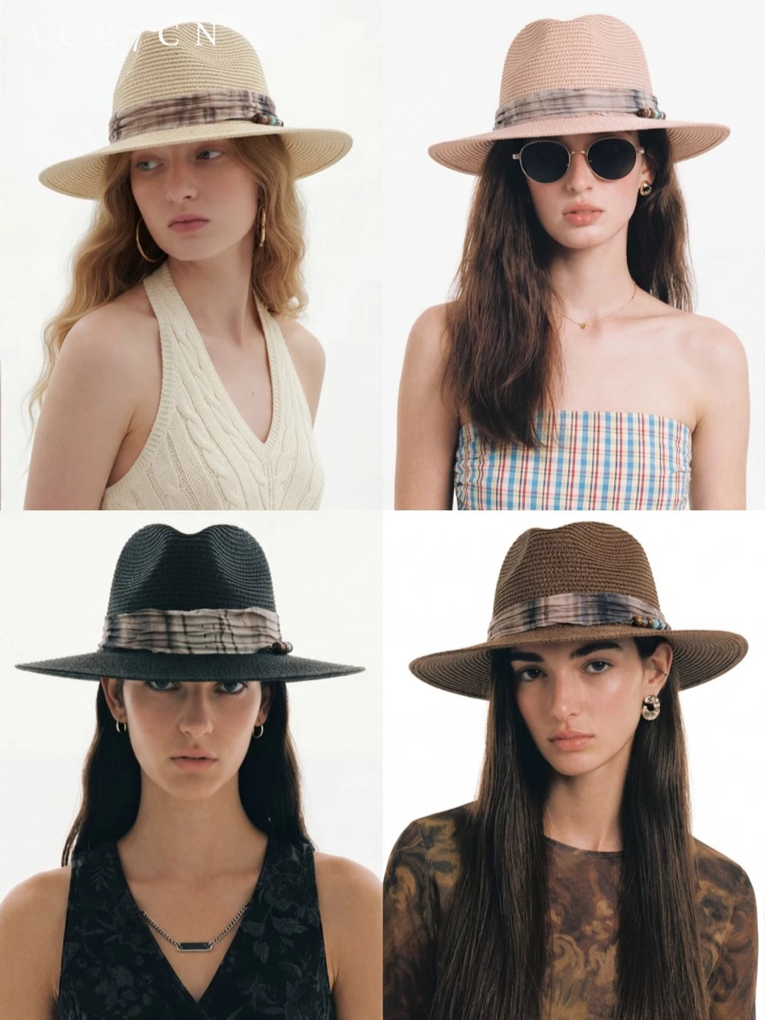 Vintage Western Ink-Wash Ribbon Fedora Woven Straw