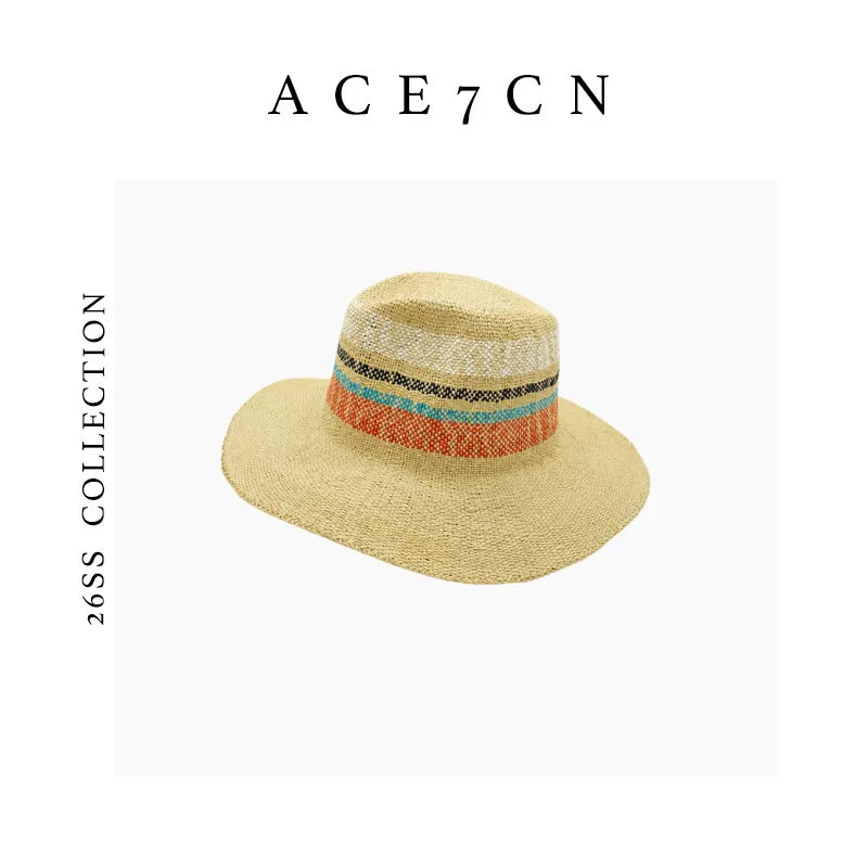 Nordic Colorful Straw-Woven Fedora French Striped Color-Block
