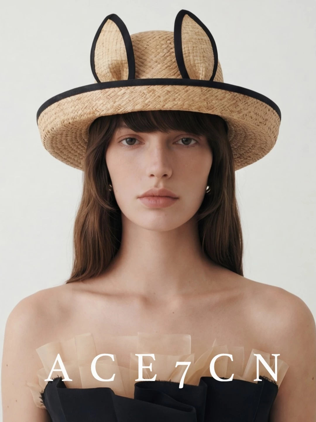 Japanese Niche Bunny-Ear Raffia Straw Hat 3D