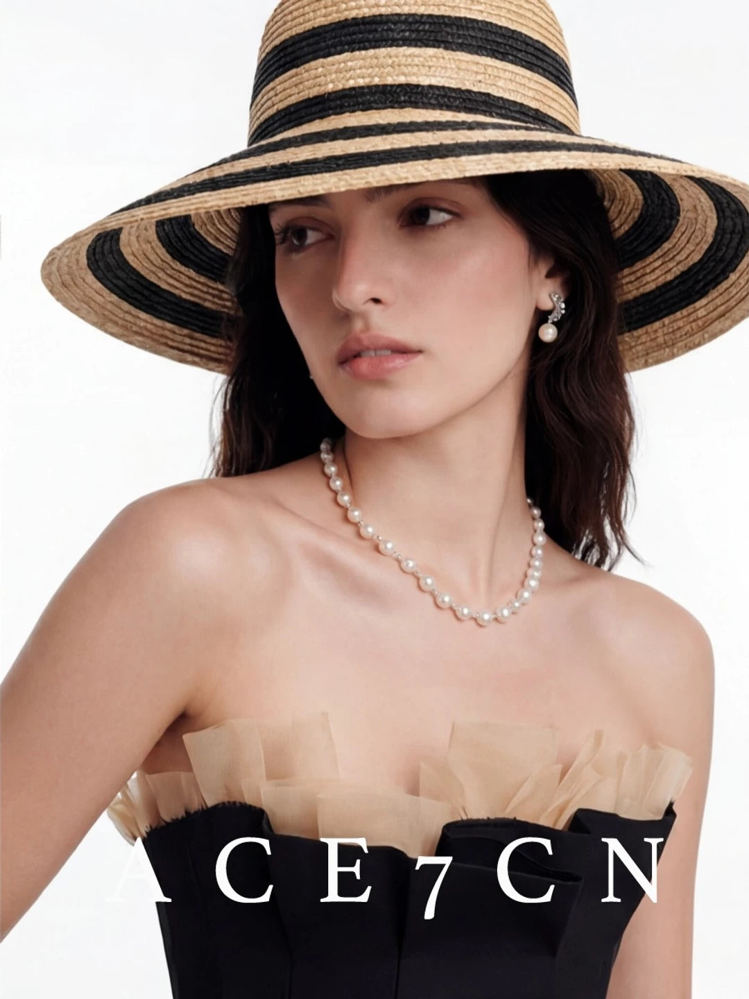 Classic Hepburn-Style Wheat-Straw Straw Hat Striped Wide-Brim