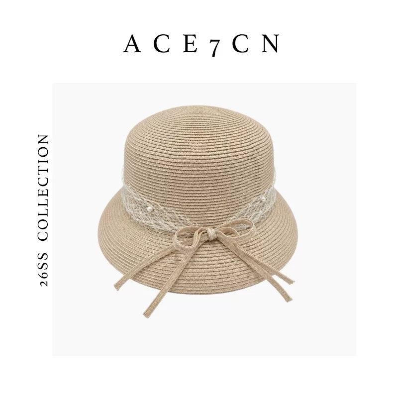 Japanese Niche Straw-Woven Cloche Hat Bow Bucket
