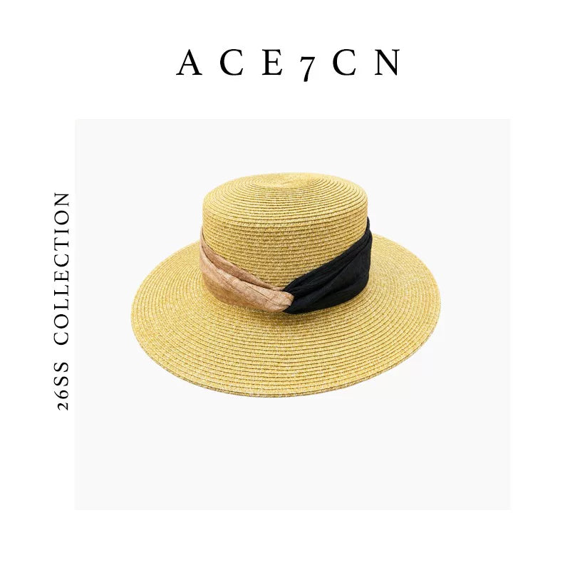 French Vintage Straw Hat Ribbon Color-Block Hepburn
