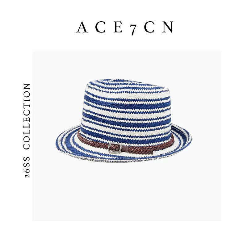 Nautical Urban Vintage Blue-White Striped Straw Hat