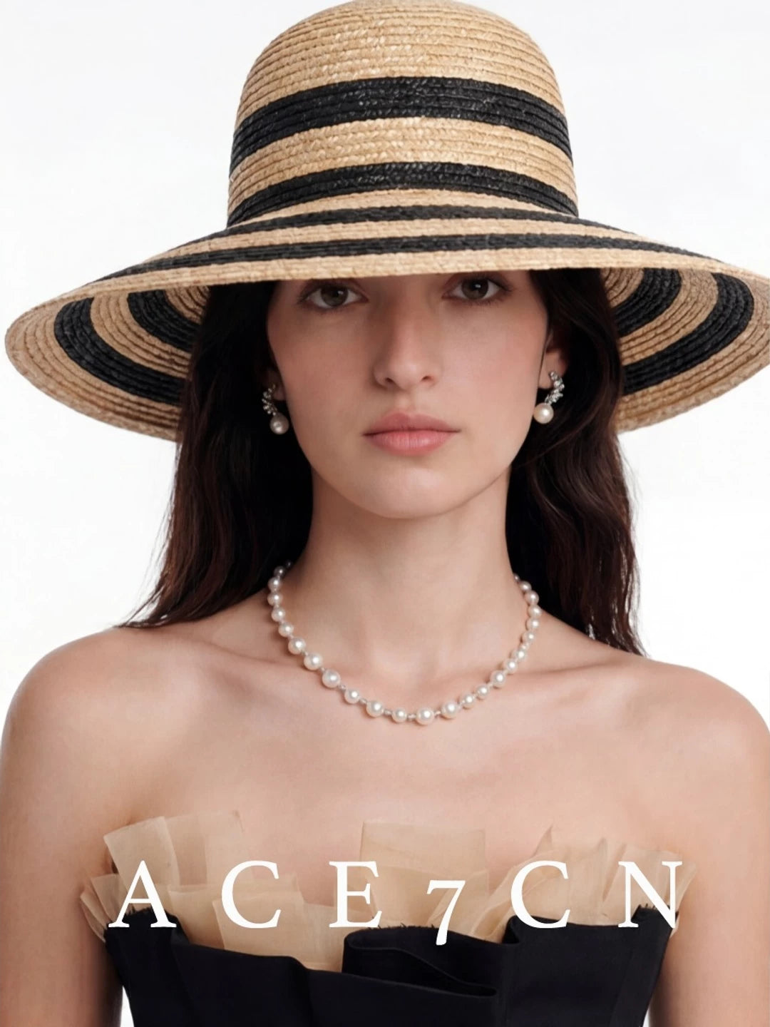 Classic Hepburn-Style Wheat-Straw Straw Hat Striped Wide-Brim