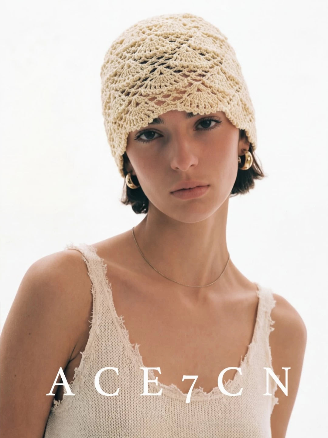 South-France Resort Hand-Crochet Openwork Knit Beanie Headwrap